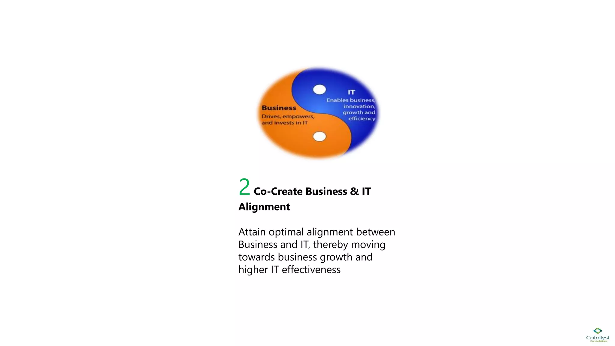 2Co-Create Business & IT
Alignment
Attain optimal alignment between
Business and IT, thereby moving
towards business growth and
higher IT effectiveness
 