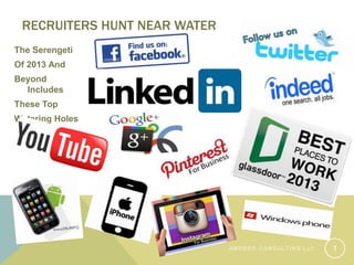 RECRUITERS HUNT NEAR WATER
The Serengeti
Of 2013 And
Beyond
Includes
These Top
Watering Holes
…
A M O D E O C O N S U L T I N G L L C 1
 