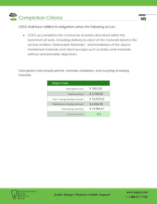 Completion Criteria
CEEG shall have fulfilled its obligations when the following occurs:
• CEEG accomplishes the contractor activities described within this
statement of work, including delivery to client of the materials listed in the
section entitled “Deliverable Materials,” and installation of the above
mentioned materials and client accepts such activities and materials
without unreasonable objections.
Total system costs include permits, materials, installation, and recycling of existing
materials.
Project Costs
Total System Cost $ 7653.50
Total Incentives $ 3,160.00
Year 1 Energy Savings (annual) $ 10,029.62
Maintenance Savings (annual) $ 4,936.99
Total Savings (annual) $ 14,966.61
Payback (years) 0.3
 