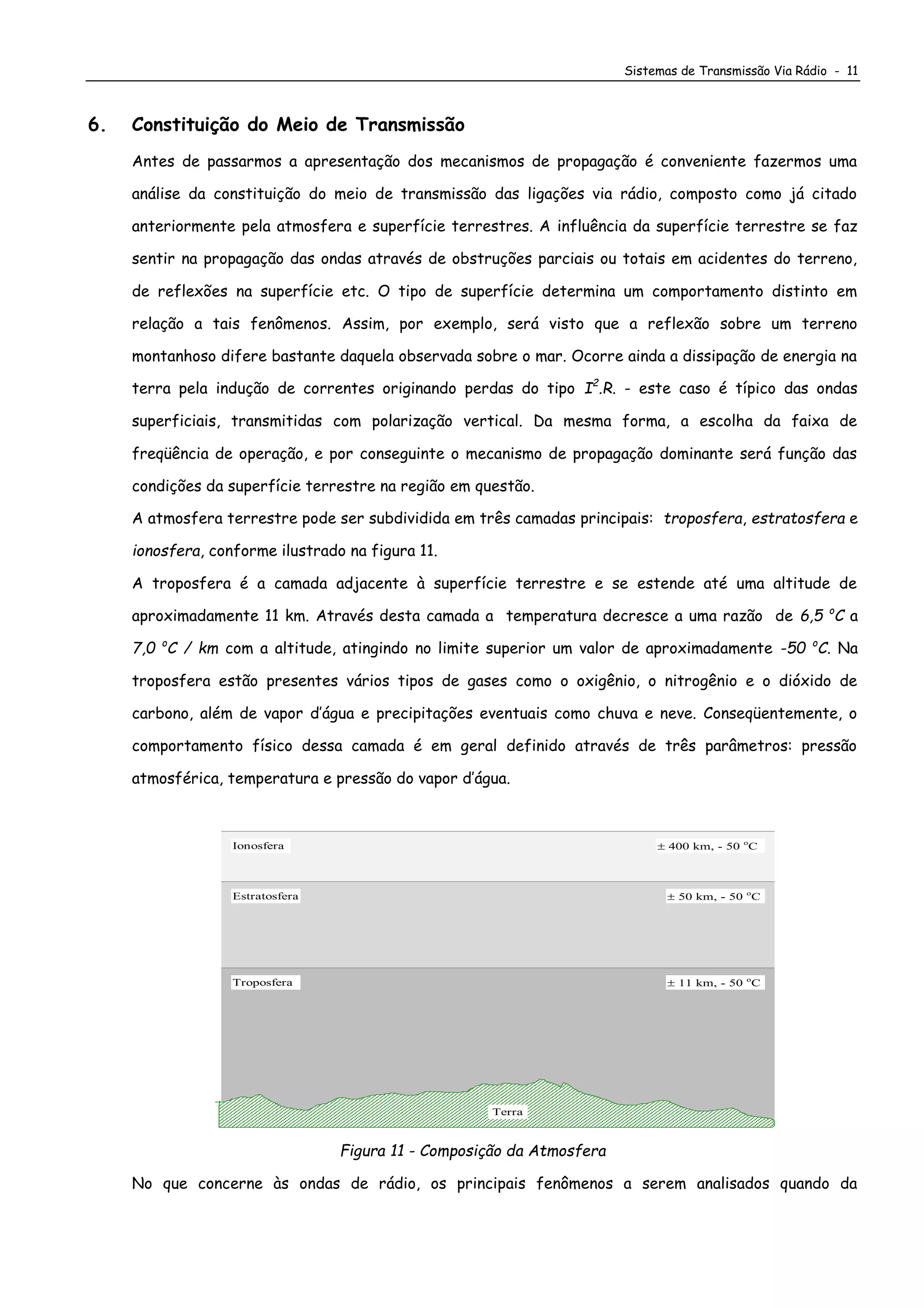 Sistemas de Transmissão Via Rádio - 11
6. Constituição do Meio de Transmissão
Antes de passarmos a apresentação dos mecanismos de propagação é conveniente fazermos uma
análise da constituição do meio de transmissão das ligações via rádio, composto como já citado
anteriormente pela atmosfera e superfície terrestres. A influência da superfície terrestre se faz
sentir na propagação das ondas através de obstruções parciais ou totais em acidentes do terreno,
de reflexões na superfície etc. O tipo de superfície determina um comportamento distinto em
relação a tais fenômenos. Assim, por exemplo, será visto que a reflexão sobre um terreno
montanhoso difere bastante daquela observada sobre o mar. Ocorre ainda a dissipação de energia na
terra pela indução de correntes originando perdas do tipo I2
.R. - este caso é típico das ondas
superficiais, transmitidas com polarização vertical. Da mesma forma, a escolha da faixa de
freqüência de operação, e por conseguinte o mecanismo de propagação dominante será função das
condições da superfície terrestre na região em questão.
A atmosfera terrestre pode ser subdividida em três camadas principais: troposfera, estratosfera e
ionosfera, conforme ilustrado na figura 11.
A troposfera é a camada adjacente à superfície terrestre e se estende até uma altitude de
aproximadamente 11 km. Através desta camada a temperatura decresce a uma razão de 6,5 o
C a
7,0 o
C / km com a altitude, atingindo no limite superior um valor de aproximadamente -50 o
C. Na
troposfera estão presentes vários tipos de gases como o oxigênio, o nitrogênio e o dióxido de
carbono, além de vapor d’água e precipitações eventuais como chuva e neve. Conseqüentemente, o
comportamento físico dessa camada é em geral definido através de três parâmetros: pressão
atmosférica, temperatura e pressão do vapor d’água.
 11 km, - 50 o
C
 400 km, - 50 o
C
 50 km, - 50 o
C
Troposfera
Estratosfera
Ionosfera
Terra
Figura 11 - Composição da Atmosfera
No que concerne às ondas de rádio, os principais fenômenos a serem analisados quando da
 