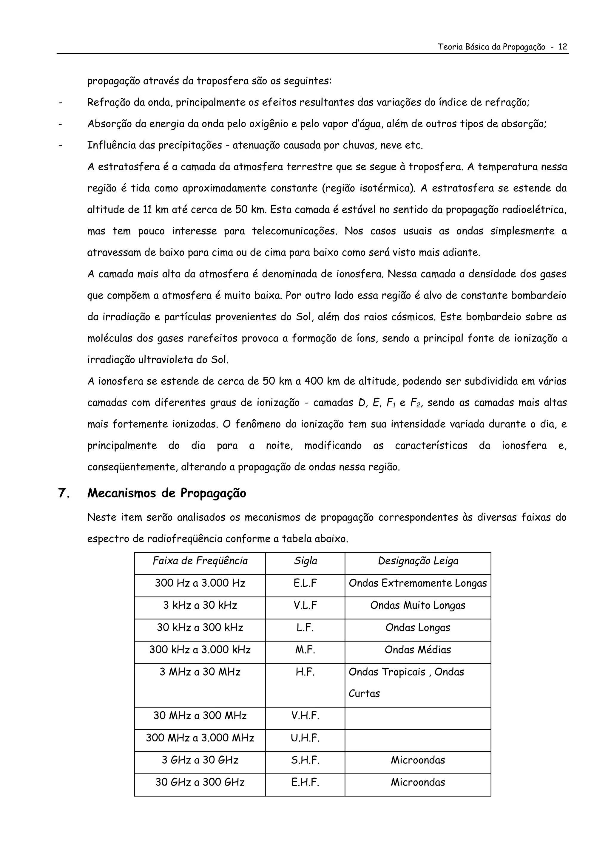 Teoria Básica da Propagação - 12
propagação através da troposfera são os seguintes:
- Refração da onda, principalmente os efeitos resultantes das variações do índice de refração;
- Absorção da energia da onda pelo oxigênio e pelo vapor d’água, além de outros tipos de absorção;
- Influência das precipitações - atenuação causada por chuvas, neve etc.
A estratosfera é a camada da atmosfera terrestre que se segue à troposfera. A temperatura nessa
região é tida como aproximadamente constante (região isotérmica). A estratosfera se estende da
altitude de 11 km até cerca de 50 km. Esta camada é estável no sentido da propagação radioelétrica,
mas tem pouco interesse para telecomunicações. Nos casos usuais as ondas simplesmente a
atravessam de baixo para cima ou de cima para baixo como será visto mais adiante.
A camada mais alta da atmosfera é denominada de ionosfera. Nessa camada a densidade dos gases
que compõem a atmosfera é muito baixa. Por outro lado essa região é alvo de constante bombardeio
da irradiação e partículas provenientes do Sol, além dos raios cósmicos. Este bombardeio sobre as
moléculas dos gases rarefeitos provoca a formação de íons, sendo a principal fonte de ionização a
irradiação ultravioleta do Sol.
A ionosfera se estende de cerca de 50 km a 400 km de altitude, podendo ser subdividida em várias
camadas com diferentes graus de ionização - camadas D, E, F1 e F2, sendo as camadas mais altas
mais fortemente ionizadas. O fenômeno da ionização tem sua intensidade variada durante o dia, e
principalmente do dia para a noite, modificando as características da ionosfera e,
conseqüentemente, alterando a propagação de ondas nessa região.
7. Mecanismos de Propagação
Neste item serão analisados os mecanismos de propagação correspondentes às diversas faixas do
espectro de radiofreqüência conforme a tabela abaixo.
Faixa de Freqüência Sigla Designação Leiga
300 Hz a 3.000 Hz E.L.F Ondas Extremamente Longas
3 kHz a 30 kHz V.L.F Ondas Muito Longas
30 kHz a 300 kHz L.F. Ondas Longas
300 kHz a 3.000 kHz M.F. Ondas Médias
3 MHz a 30 MHz H.F. Ondas Tropicais , Ondas
Curtas
30 MHz a 300 MHz V.H.F.
300 MHz a 3.000 MHz U.H.F.
3 GHz a 30 GHz S.H.F. Microondas
30 GHz a 300 GHz E.H.F. Microondas
 