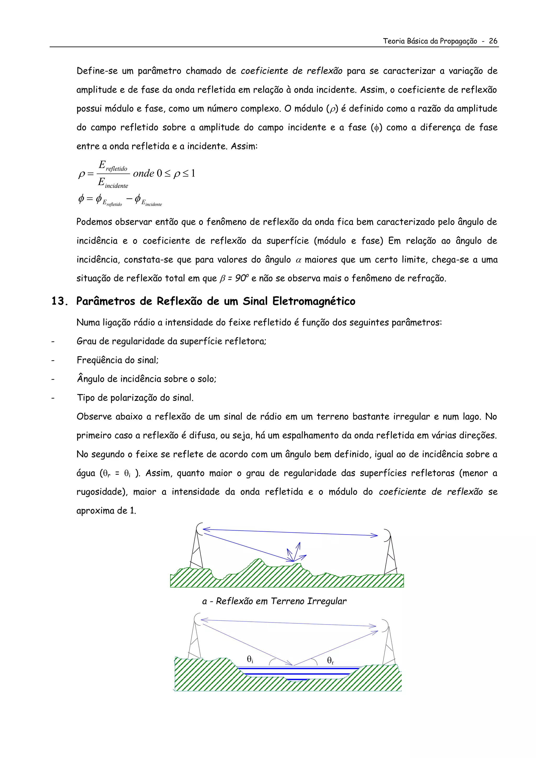 Teoria Básica da Propagação - 26
Define-se um parâmetro chamado de coeficiente de reflexão para se caracterizar a variação de
amplitude e de fase da onda refletida em relação à onda incidente. Assim, o coeficiente de reflexão
possui módulo e fase, como um número complexo. O módulo () é definido como a razão da amplitude
do campo refletido sobre a amplitude do campo incidente e a fase () como a diferença de fase
entre a onda refletida e a incidente. Assim:
 
  
  
 
E
E
onde
refletido
incidente
E Erefletido incidente
0 1
Podemos observar então que o fenômeno de reflexão da onda fica bem caracterizado pelo ângulo de
incidência e o coeficiente de reflexão da superfície (módulo e fase) Em relação ao ângulo de
incidência, constata-se que para valores do ângulo  maiores que um certo limite, chega-se a uma
situação de reflexão total em que  = 90o
e não se observa mais o fenômeno de refração.
13. Parâmetros de Reflexão de um Sinal Eletromagnético
Numa ligação rádio a intensidade do feixe refletido é função dos seguintes parâmetros:
- Grau de regularidade da superfície refletora;
- Freqüência do sinal;
- Ângulo de incidência sobre o solo;
- Tipo de polarização do sinal.
Observe abaixo a reflexão de um sinal de rádio em um terreno bastante irregular e num lago. No
primeiro caso a reflexão é difusa, ou seja, há um espalhamento da onda refletida em várias direções.
No segundo o feixe se reflete de acordo com um ângulo bem definido, igual ao de incidência sobre a
água (r = i ). Assim, quanto maior o grau de regularidade das superfícies refletoras (menor a
rugosidade), maior a intensidade da onda refletida e o módulo do coeficiente de reflexão se
aproxima de 1.
a - Reflexão em Terreno Irregular
i r
 
