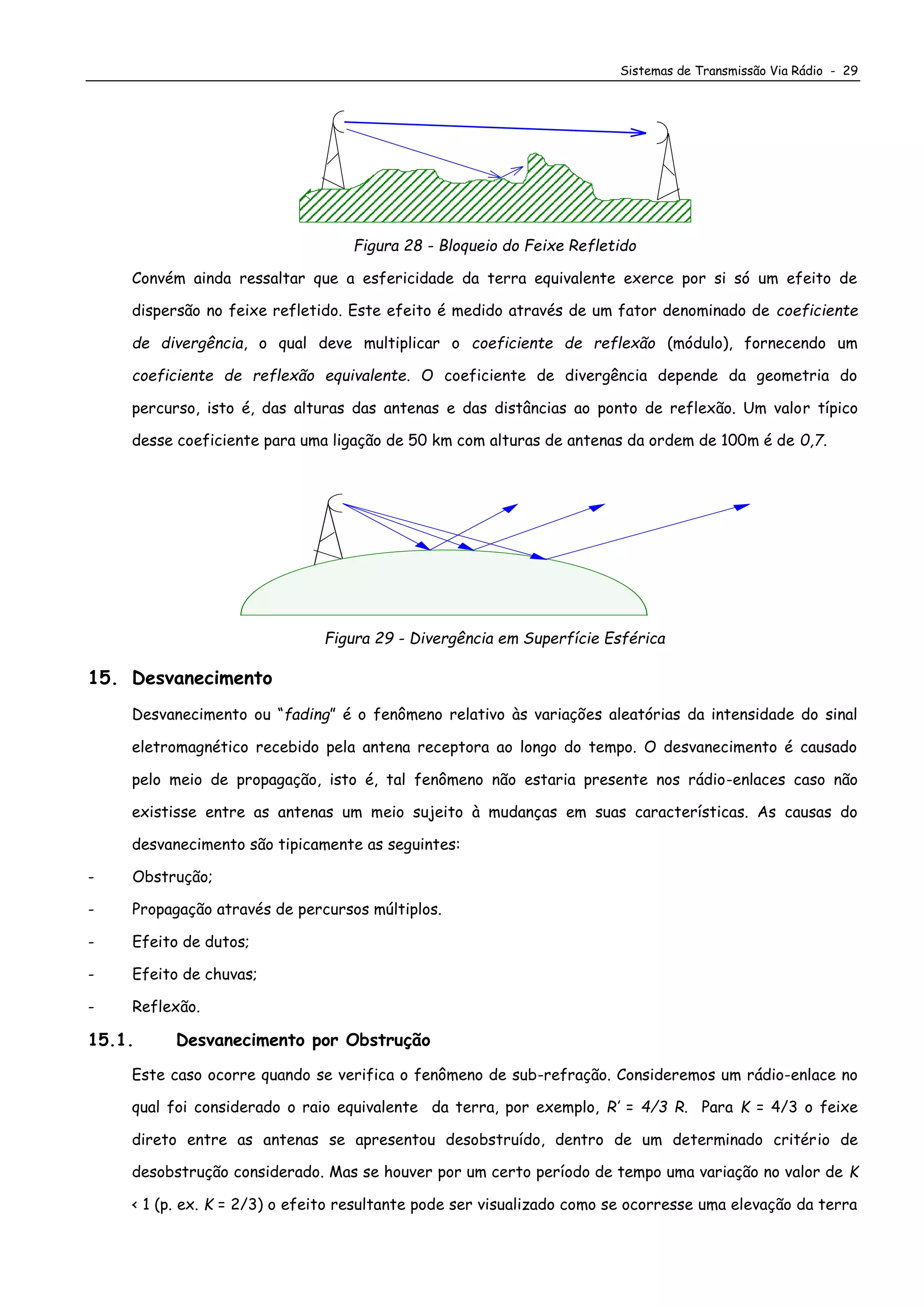 Sistemas de Transmissão Via Rádio - 29
Figura 28 - Bloqueio do Feixe Refletido
Convém ainda ressaltar que a esfericidade da terra equivalente exerce por si só um efeito de
dispersão no feixe refletido. Este efeito é medido através de um fator denominado de coeficiente
de divergência, o qual deve multiplicar o coeficiente de reflexão (módulo), fornecendo um
coeficiente de reflexão equivalente. O coeficiente de divergência depende da geometria do
percurso, isto é, das alturas das antenas e das distâncias ao ponto de reflexão. Um valor típico
desse coeficiente para uma ligação de 50 km com alturas de antenas da ordem de 100m é de 0,7.
Figura 29 - Divergência em Superfície Esférica
15. Desvanecimento
Desvanecimento ou “fading” é o fenômeno relativo às variações aleatórias da intensidade do sinal
eletromagnético recebido pela antena receptora ao longo do tempo. O desvanecimento é causado
pelo meio de propagação, isto é, tal fenômeno não estaria presente nos rádio-enlaces caso não
existisse entre as antenas um meio sujeito à mudanças em suas características. As causas do
desvanecimento são tipicamente as seguintes:
- Obstrução;
- Propagação através de percursos múltiplos.
- Efeito de dutos;
- Efeito de chuvas;
- Reflexão.
15.1. Desvanecimento por Obstrução
Este caso ocorre quando se verifica o fenômeno de sub-refração. Consideremos um rádio-enlace no
qual foi considerado o raio equivalente da terra, por exemplo, R’ = 4/3 R. Para K = 4/3 o feixe
direto entre as antenas se apresentou desobstruído, dentro de um determinado critério de
desobstrução considerado. Mas se houver por um certo período de tempo uma variação no valor de K
< 1 (p. ex. K = 2/3) o efeito resultante pode ser visualizado como se ocorresse uma elevação da terra
 