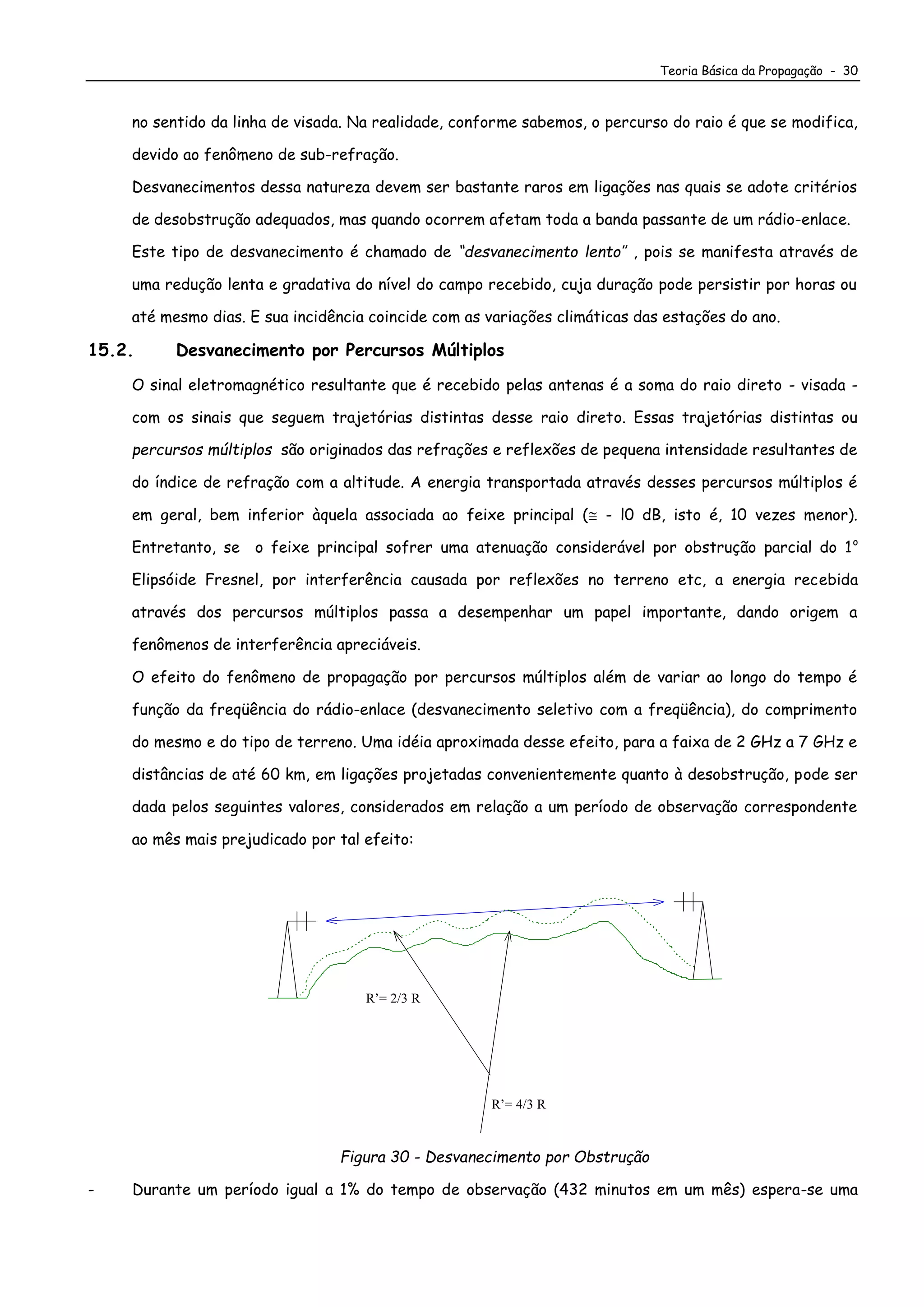 Teoria Básica da Propagação - 30
no sentido da linha de visada. Na realidade, conforme sabemos, o percurso do raio é que se modifica,
devido ao fenômeno de sub-refração.
Desvanecimentos dessa natureza devem ser bastante raros em ligações nas quais se adote critérios
de desobstrução adequados, mas quando ocorrem afetam toda a banda passante de um rádio-enlace.
Este tipo de desvanecimento é chamado de “desvanecimento lento’’ , pois se manifesta através de
uma redução lenta e gradativa do nível do campo recebido, cuja duração pode persistir por horas ou
até mesmo dias. E sua incidência coincide com as variações climáticas das estações do ano.
15.2. Desvanecimento por Percursos Múltiplos
O sinal eletromagnético resultante que é recebido pelas antenas é a soma do raio direto - visada -
com os sinais que seguem trajetórias distintas desse raio direto. Essas trajetórias distintas ou
percursos múltiplos são originados das refrações e reflexões de pequena intensidade resultantes de
do índice de refração com a altitude. A energia transportada através desses percursos múltiplos é
em geral, bem inferior àquela associada ao feixe principal ( - l0 dB, isto é, 10 vezes menor).
Entretanto, se o feixe principal sofrer uma atenuação considerável por obstrução parcial do 1o
Elipsóide Fresnel, por interferência causada por reflexões no terreno etc, a energia recebida
através dos percursos múltiplos passa a desempenhar um papel importante, dando origem a
fenômenos de interferência apreciáveis.
O efeito do fenômeno de propagação por percursos múltiplos além de variar ao longo do tempo é
função da freqüência do rádio-enlace (desvanecimento seletivo com a freqüência), do comprimento
do mesmo e do tipo de terreno. Uma idéia aproximada desse efeito, para a faixa de 2 GHz a 7 GHz e
distâncias de até 60 km, em ligações projetadas convenientemente quanto à desobstrução, pode ser
dada pelos seguintes valores, considerados em relação a um período de observação correspondente
ao mês mais prejudicado por tal efeito:
R’= 4/3 R
R’= 2/3 R
Figura 30 - Desvanecimento por Obstrução
- Durante um período igual a 1% do tempo de observação (432 minutos em um mês) espera-se uma
 