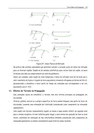 Teoria Básica da Propagação - 24
a.3 -Feixe sem Refração
R
r < R
a.4 - Super - Refração
R
b.4 - Inversão no Raio Equivalente
K 0
K = 1
b.3
R
r invertido
a.5 - Sub - Refração
R 0 K 1
b.5
R’
Figura 24 - Casos Típicos de Refração
Na prática não existem expressões que permitam calcular a variação exata do índice de refração
para as diversas regiões. Dispõe-se de estudos estatísticos para certos tipos de região, as quais
fornecem uma idéia do comportamento do referido parâmetro.
Assim, por exemplo, numa região de clima temperado o índice de refração varia de tal modo que o
valor resultante de K para o traçado da terra equivalente raramente ultrapassa os limites de 0,8 a 2,
permanecendo a atmosfera a maior parte do tempo em condições que correspondem a um raio
equivalente com K = 4/3.
11. Efeitos do Terreno na Propagação
Sob condições usuais da atmosfera, o terreno tem dois efeitos principais na propagação em
microondas:
- Árvores, prédios, morros ou a própria superfície da terra podem bloquear uma parte do feixe de
microondas, causando uma atenuação por obstrução (considerada como componente da atenuação
suplementar);
- Uma região com terreno razoavelmente regular ou mares e lagos podem refletir um segundo sinal
para a antena receptora. O sinal refletido pode chegar a esta antena em oposição de fase no sinal
direto, resultando em atenuação do tipo interferência (também considerada como componente da
atenuação suplementar ou mesmo cancelamento quase total do campo recebido.
 