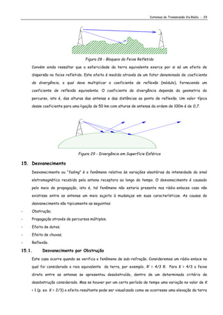 Sistemas de Transmissão Via Rádio - 29
Figura 28 - Bloqueio do Feixe Refletido
Convém ainda ressaltar que a esfericidade da terra equivalente exerce por si só um efeito de
dispersão no feixe refletido. Este efeito é medido através de um fator denominado de coeficiente
de divergência, o qual deve multiplicar o coeficiente de reflexão (módulo), fornecendo um
coeficiente de reflexão equivalente. O coeficiente de divergência depende da geometria do
percurso, isto é, das alturas das antenas e das distâncias ao ponto de reflexão. Um valor típico
desse coeficiente para uma ligação de 50 km com alturas de antenas da ordem de 100m é de 0,7.
Figura 29 - Divergência em Superfície Esférica
15. Desvanecimento
Desvanecimento ou “fading” é o fenômeno relativo às variações aleatórias da intensidade do sinal
eletromagnético recebido pela antena receptora ao longo do tempo. O desvanecimento é causado
pelo meio de propagação, isto é, tal fenômeno não estaria presente nos rádio-enlaces caso não
existisse entre as antenas um meio sujeito à mudanças em suas características. As causas do
desvanecimento são tipicamente as seguintes:
- Obstrução;
- Propagação através de percursos múltiplos.
- Efeito de dutos;
- Efeito de chuvas;
- Reflexão.
15.1. Desvanecimento por Obstrução
Este caso ocorre quando se verifica o fenômeno de sub-refração. Consideremos um rádio-enlace no
qual foi considerado o raio equivalente da terra, por exemplo, R’ = 4/3 R. Para K = 4/3 o feixe
direto entre as antenas se apresentou desobstruído, dentro de um determinado critério de
desobstrução considerado. Mas se houver por um certo período de tempo uma variação no valor de K
< 1 (p. ex. K = 2/3) o efeito resultante pode ser visualizado como se ocorresse uma elevação da terra
 