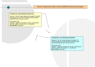 Contoh Transaksi Index Saham di Index KOSPI200 dari Bursa Korea Selatan
Transaksi Jual – Beli (Pergerakan Harga Turun) :
Pada tgl 1 Feb 08, investor melakukan transaksi 2 lot KOSPI
dgn open sell di 211.00 dan 50 menit kemudian transaksi
diselesaikan dgn close buy di 209.50.
Perhitungan Laba :
{(Hrg jual – hrg beli) x point value x jml lot} – komisi perlot
{(21100 – 20950) x Rp.35.000 x 2} – Rp.600.000
Rp.9.900.000,- (Net profit)
Transaksi Beli – Jual (Pergerakan Harga Naik) :
Pada tgl 31 Jan 08, investor melakukan transaksi 1 lot
KOSPI dgn open buy di 205.55 dan 40 menit kemudian
transaksi diselesaikan dgn close sell di 207.40.
Perhitungan Laba :
{(Hrg jual – hrg beli) x contract size x jml lot} – komisi perlot
{(20740 – 20555) x Rp.35.000 x 1} – Rp.300.000
Rp.6.175.000,- (Net profit)
 