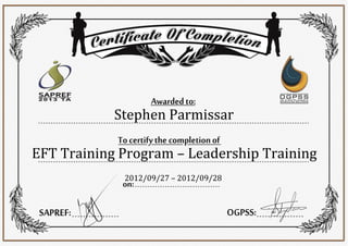 Stephen Parmissar
EFT Training Program – Leadership Training
2012/09/27 – 2012/09/28
 