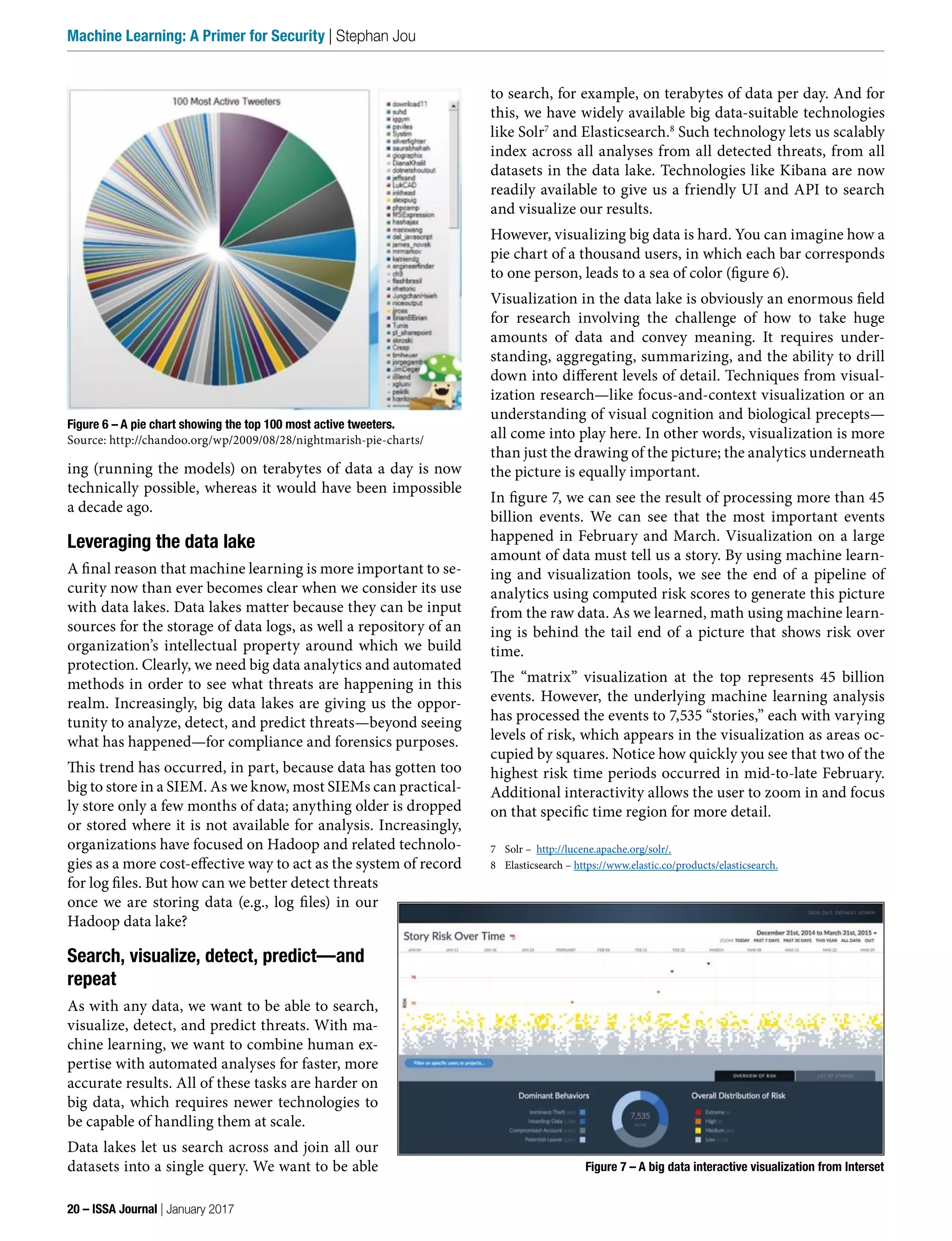 to search, for example, on terabytes of data per day. And for
this, we have widely available big data-suitable technologies
like Solr7
and Elasticsearch.8
Such technology lets us scalably
index across all analyses from all detected threats, from all
datasets in the data lake. Technologies like Kibana are now
readily available to give us a friendly UI and API to search
and visualize our results.
However, visualizing big data is hard. You can imagine how a
pie chart of a thousand users, in which each bar corresponds
to one person, leads to a sea of color (figure 6).
Visualization in the data lake is obviously an enormous field
for research involving the challenge of how to take huge
amounts of data and convey meaning. It requires under-
standing, aggregating, summarizing, and the ability to drill
down into different levels of detail. Techniques from visual-
ization research—like focus-and-context visualization or an
understanding of visual cognition and biological precepts—
all come into play here. In other words, visualization is more
than just the drawing of the picture; the analytics underneath
the picture is equally important.
In figure 7, we can see the result of processing more than 45
billion events. We can see that the most important events
happened in February and March. Visualization on a large
amount of data must tell us a story. By using machine learn-
ing and visualization tools, we see the end of a pipeline of
analytics using computed risk scores to generate this picture
from the raw data. As we learned, math using machine learn-
ing is behind the tail end of a picture that shows risk over
time.
The “matrix” visualization at the top represents 45 billion
events. However, the underlying machine learning analysis
has processed the events to 7,535 “stories,” each with varying
levels of risk, which appears in the visualization as areas oc-
cupied by squares. Notice how quickly you see that two of the
highest risk time periods occurred in mid-to-late February.
Additional interactivity allows the user to zoom in and focus
on that specific time region for more detail.
7 Solr – http://lucene.apache.org/solr/.
8 Elasticsearch – https://www.elastic.co/products/elasticsearch.
ing (running the models) on terabytes of data a day is now
technically possible, whereas it would have been impossible
a decade ago.
Leveraging the data lake
A final reason that machine learning is more important to se-
curity now than ever becomes clear when we consider its use
with data lakes. Data lakes matter because they can be input
sources for the storage of data logs, as well a repository of an
organization’s intellectual property around which we build
protection. Clearly, we need big data analytics and automated
methods in order to see what threats are happening in this
realm. Increasingly, big data lakes are giving us the oppor-
tunity to analyze, detect, and predict threats—beyond seeing
what has happened—for compliance and forensics purposes.
This trend has occurred, in part, because data has gotten too
big to store in a SIEM. As we know, most SIEMs can practical-
ly store only a few months of data; anything older is dropped
or stored where it is not available for analysis. Increasingly,
organizations have focused on Hadoop and related technolo-
gies as a more cost-effective way to act as the system of record
for log files. But how can we better detect threats
once we are storing data (e.g., log files) in our
Hadoop data lake?
Search, visualize, detect, predict—and
repeat
As with any data, we want to be able to search,
visualize, detect, and predict threats. With ma-
chine learning, we want to combine human ex-
pertise with automated analyses for faster, more
accurate results. All of these tasks are harder on
big data, which requires newer technologies to
be capable of handling them at scale.
Data lakes let us search across and join all our
datasets into a single query. We want to be able
Figure 6 – A pie chart showing the top 100 most active tweeters.
Source: http://chandoo.org/wp/2009/08/28/nightmarish-pie-charts/
Figure 7 – A big data interactive visualization from Interset
20 – ISSA Journal | January 2017
Machine Learning: A Primer for Security | Stephan Jou
 