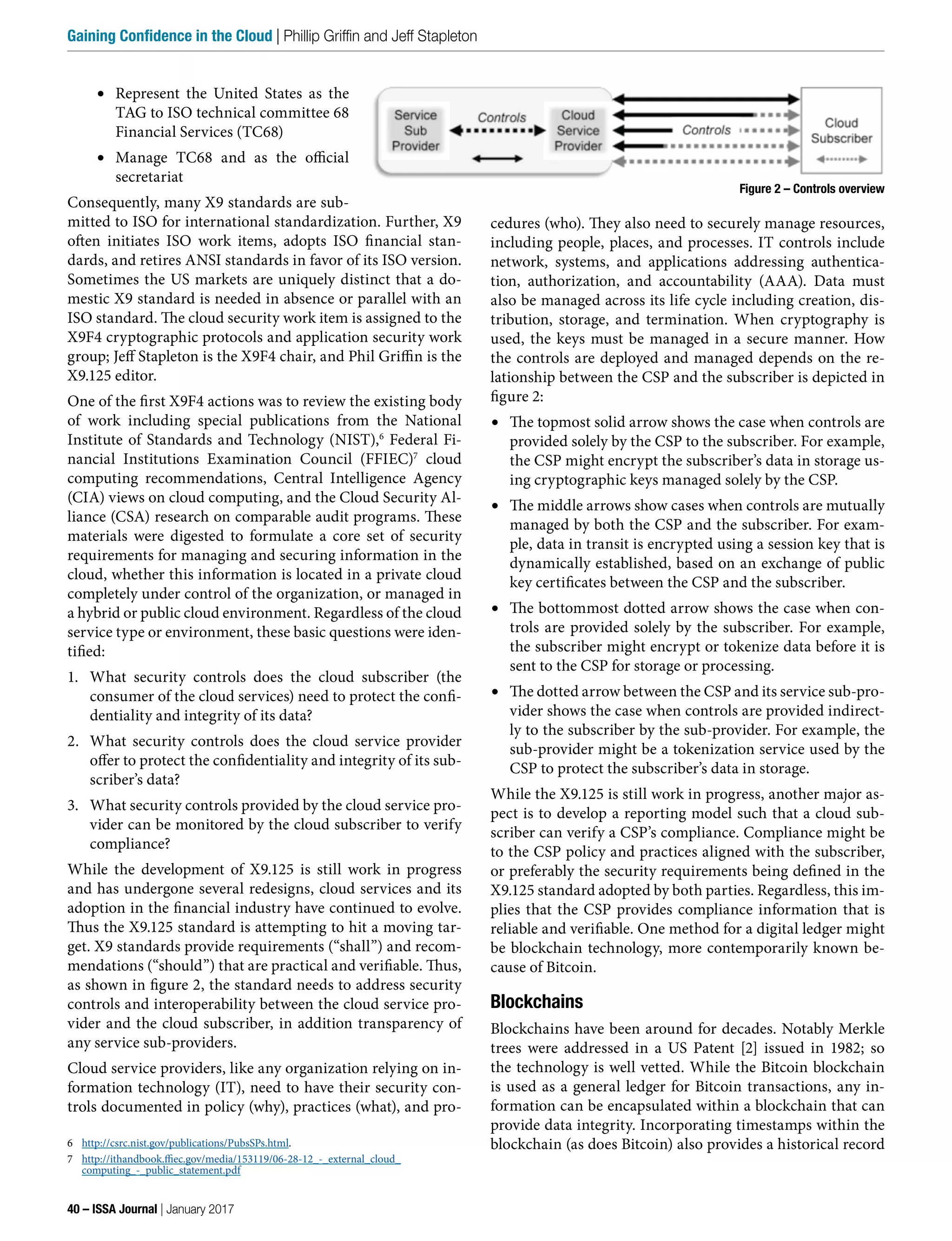 Figure 2 – Controls overview
•	 Represent the United States as the
TAG to ISO technical committee 68
Financial Services (TC68)
•	 Manage TC68 and as the official
secretariat
Consequently, many X9 standards are sub-
mitted to ISO for international standardization. Further, X9
often initiates ISO work items, adopts ISO financial stan-
dards, and retires ANSI standards in favor of its ISO version.
Sometimes the US markets are uniquely distinct that a do-
mestic X9 standard is needed in absence or parallel with an
ISO standard. The cloud security work item is assigned to the
X9F4 cryptographic protocols and application security work
group; Jeff Stapleton is the X9F4 chair, and Phil Griffin is the
X9.125 editor.
One of the first X9F4 actions was to review the existing body
of work including special publications from the National
Institute of Standards and Technology (NIST),6
Federal Fi-
nancial Institutions Examination Council (FFIEC)7
cloud
computing recommendations, Central Intelligence Agency
(CIA) views on cloud computing, and the Cloud Security Al-
liance (CSA) research on comparable audit programs. These
materials were digested to formulate a core set of security
requirements for managing and securing information in the
cloud, whether this information is located in a private cloud
completely under control of the organization, or managed in
a hybrid or public cloud environment. Regardless of the cloud
service type or environment, these basic questions were iden-
tified:
1. What security controls does the cloud subscriber (the
consumer of the cloud services) need to protect the confi-
dentiality and integrity of its data?
2. What security controls does the cloud service provider
offer to protect the confidentiality and integrity of its sub-
scriber’s data?
3. What security controls provided by the cloud service pro-
vider can be monitored by the cloud subscriber to verify
compliance?
While the development of X9.125 is still work in progress
and has undergone several redesigns, cloud services and its
adoption in the financial industry have continued to evolve.
Thus the X9.125 standard is attempting to hit a moving tar-
get. X9 standards provide requirements (“shall”) and recom-
mendations (“should”) that are practical and verifiable. Thus,
as shown in figure 2, the standard needs to address security
controls and interoperability between the cloud service pro-
vider and the cloud subscriber, in addition transparency of
any service sub-providers.
Cloud service providers, like any organization relying on in-
formation technology (IT), need to have their security con-
trols documented in policy (why), practices (what), and pro-
6 http://csrc.nist.gov/publications/PubsSPs.html.
7 http://ithandbook.ffiec.gov/media/153119/06-28-12_-_external_cloud_
computing_-_public_statement.pdf
cedures (who). They also need to securely manage resources,
including people, places, and processes. IT controls include
network, systems, and applications addressing authentica-
tion, authorization, and accountability (AAA). Data must
also be managed across its life cycle including creation, dis-
tribution, storage, and termination. When cryptography is
used, the keys must be managed in a secure manner. How
the controls are deployed and managed depends on the re-
lationship between the CSP and the subscriber is depicted in
figure 2:
•	 The topmost solid arrow shows the case when controls are
provided solely by the CSP to the subscriber. For example,
the CSP might encrypt the subscriber’s data in storage us-
ing cryptographic keys managed solely by the CSP.
•	 The middle arrows show cases when controls are mutually
managed by both the CSP and the subscriber. For exam-
ple, data in transit is encrypted using a session key that is
dynamically established, based on an exchange of public
key certificates between the CSP and the subscriber.
•	 The bottommost dotted arrow shows the case when con-
trols are provided solely by the subscriber. For example,
the subscriber might encrypt or tokenize data before it is
sent to the CSP for storage or processing.
•	 The dotted arrow between the CSP and its service sub-pro-
vider shows the case when controls are provided indirect-
ly to the subscriber by the sub-provider. For example, the
sub-provider might be a tokenization service used by the
CSP to protect the subscriber’s data in storage.
While the X9.125 is still work in progress, another major as-
pect is to develop a reporting model such that a cloud sub-
scriber can verify a CSP’s compliance. Compliance might be
to the CSP policy and practices aligned with the subscriber,
or preferably the security requirements being defined in the
X9.125 standard adopted by both parties. Regardless, this im-
plies that the CSP provides compliance information that is
reliable and verifiable. One method for a digital ledger might
be blockchain technology, more contemporarily known be-
cause of Bitcoin.
Blockchains
Blockchains have been around for decades. Notably Merkle
trees were addressed in a US Patent [2] issued in 1982; so
the technology is well vetted. While the Bitcoin blockchain
is used as a general ledger for Bitcoin transactions, any in-
formation can be encapsulated within a blockchain that can
provide data integrity. Incorporating timestamps within the
blockchain (as does Bitcoin) also provides a historical record
40 – ISSA Journal | January 2017
Gaining Confidence in the Cloud | Phillip Griffin and Jeff Stapleton
 