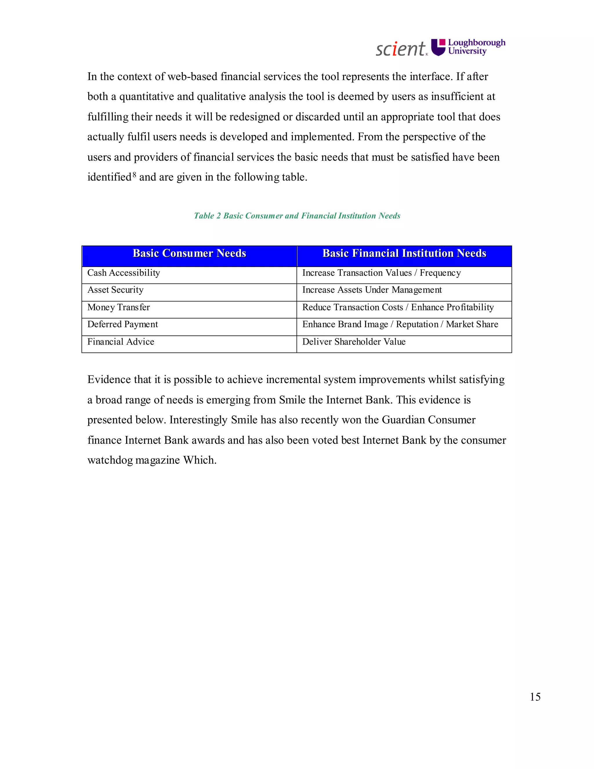 15
In the context of web-based financial services the tool represents the interface. If after
both a quantitative and qualitative analysis the tool is deemed by users as insufficient at
fulfilling their needs it will be redesigned or discarded until an appropriate tool that does
actually fulfil users needs is developed and implemented. From the perspective of the
users and providers of financial services the basic needs that must be satisfied have been
identified8 and are given in the following table.
Table 2 Basic Consumer and Financial Institution Needs
BBaassiicc CCoonnssuummeerr NNeeeeddss BBaassiicc FFiinnaanncciiaall IInnssttiittuuttiioonn NNeeeeddss
Cash Accessibility Increase Transaction Values / Frequency
Asset Security Increase Assets Under Management
Money Transfer Reduce Transaction Costs / Enhance Profitability
Deferred Payment Enhance Brand Image / Reputation / Market Share
Financial Advice Deliver Shareholder Value
Evidence that it is possible to achieve incremental system improvements whilst satisfying
a broad range of needs is emerging from Smile the Internet Bank. This evidence is
presented below. Interestingly Smile has also recently won the Guardian Consumer
finance Internet Bank awards and has also been voted best Internet Bank by the consumer
watchdog magazine Which.
 