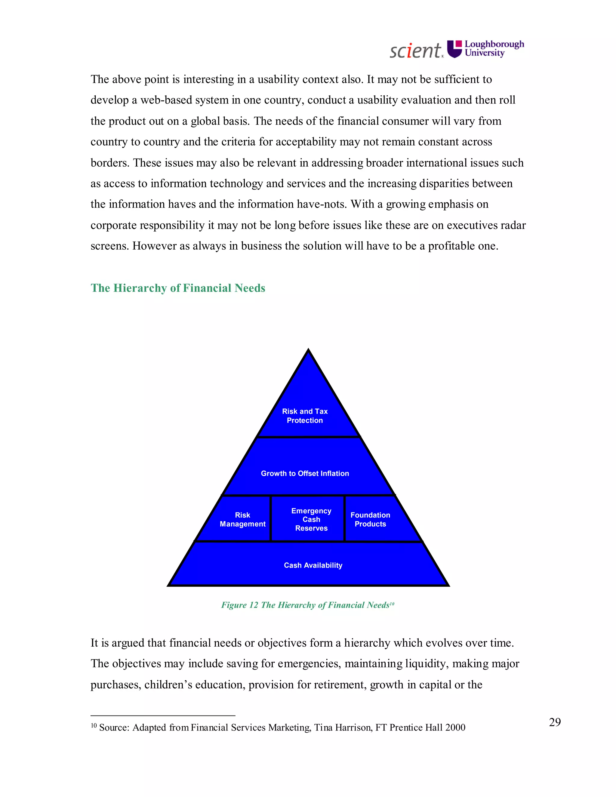 29
The above point is interesting in a usability context also. It may not be sufficient to
develop a web-based system in one country, conduct a usability evaluation and then roll
the product out on a global basis. The needs of the financial consumer will vary from
country to country and the criteria for acceptability may not remain constant across
borders. These issues may also be relevant in addressing broader international issues such
as access to information technology and services and the increasing disparities between
the information haves and the information have-nots. With a growing emphasis on
corporate responsibility it may not be long before issues like these are on executives radar
screens. However as always in business the solution will have to be a profitable one.
The Hierarchy of Financial Needs
Risk and Tax
Protection
Growth to Offset Inflation
Risk
Management
Emergency
Cash
Reserves
Foundation
Products
Cash Availability
Figure 12 The Hierarchy of Financial Needs10
It is argued that financial needs or objectives form a hierarchy which evolves over time.
The objectives may include saving for emergencies, maintaining liquidity, making major
purchases, children’s education, provision for retirement, growth in capital or the
10 Source: Adapted from Financial Services Marketing, Tina Harrison, FT Prentice Hall 2000
 