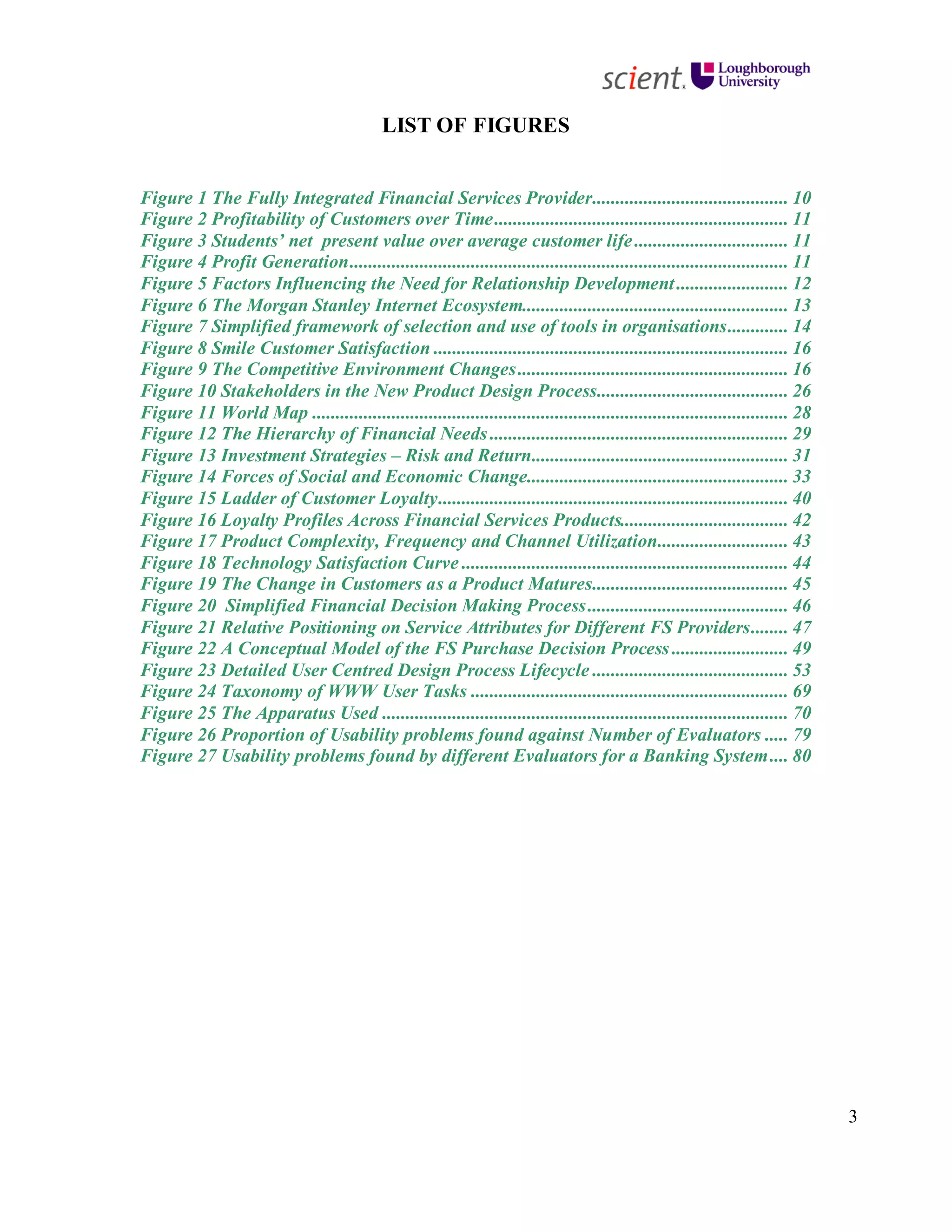 3
LIST OF FIGURES
Figure 1 The Fully Integrated Financial Services Provider.......................................... 10
Figure 2 Profitability of Customers over Time............................................................... 11
Figure 3 Students’ net present value over average customer life................................. 11
Figure 4 Profit Generation.............................................................................................. 11
Figure 5 Factors Influencing the Need for Relationship Development........................ 12
Figure 6 The Morgan Stanley Internet Ecosystem......................................................... 13
Figure 7 Simplified framework of selection and use of tools in organisations............. 14
Figure 8 Smile Customer Satisfaction ............................................................................ 16
Figure 9 The Competitive Environment Changes.......................................................... 16
Figure 10 Stakeholders in the New Product Design Process......................................... 26
Figure 11 World Map ...................................................................................................... 28
Figure 12 The Hierarchy of Financial Needs ................................................................ 29
Figure 13 Investment Strategies – Risk and Return....................................................... 31
Figure 14 Forces of Social and Economic Change........................................................ 33
Figure 15 Ladder of Customer Loyalty........................................................................... 40
Figure 16 Loyalty Profiles Across Financial Services Products.................................... 42
Figure 17 Product Complexity, Frequency and Channel Utilization............................ 43
Figure 18 Technology Satisfaction Curve ...................................................................... 44
Figure 19 The Change in Customers as a Product Matures.......................................... 45
Figure 20 Simplified Financial Decision Making Process........................................... 46
Figure 21 Relative Positioning on Service Attributes for Different FS Providers........ 47
Figure 22 A Conceptual Model of the FS Purchase Decision Process ......................... 49
Figure 23 Detailed User Centred Design Process Lifecycle .......................................... 53
Figure 24 Taxonomy of WWW User Tasks .................................................................... 69
Figure 25 The Apparatus Used ....................................................................................... 70
Figure 26 Proportion of Usability problems found against Number of Evaluators ..... 79
Figure 27 Usability problems found by different Evaluators for a Banking System.... 80
 