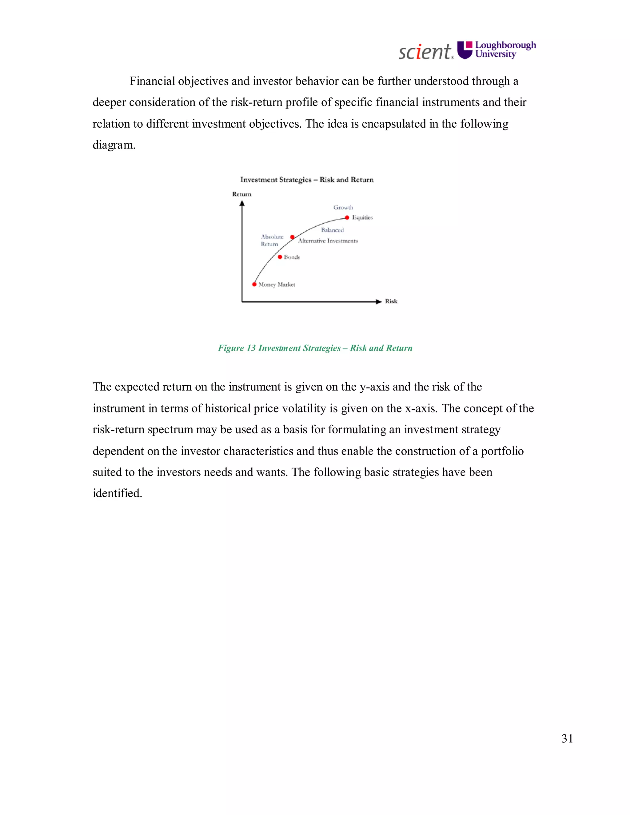 31
Financial objectives and investor behavior can be further understood through a
deeper consideration of the risk-return profile of specific financial instruments and their
relation to different investment objectives. The idea is encapsulated in the following
diagram.
Figure 13 Investment Strategies – Risk and Return
The expected return on the instrument is given on the y-axis and the risk of the
instrument in terms of historical price volatility is given on the x-axis. The concept of the
risk-return spectrum may be used as a basis for formulating an investment strategy
dependent on the investor characteristics and thus enable the construction of a portfolio
suited to the investors needs and wants. The following basic strategies have been
identified.
 