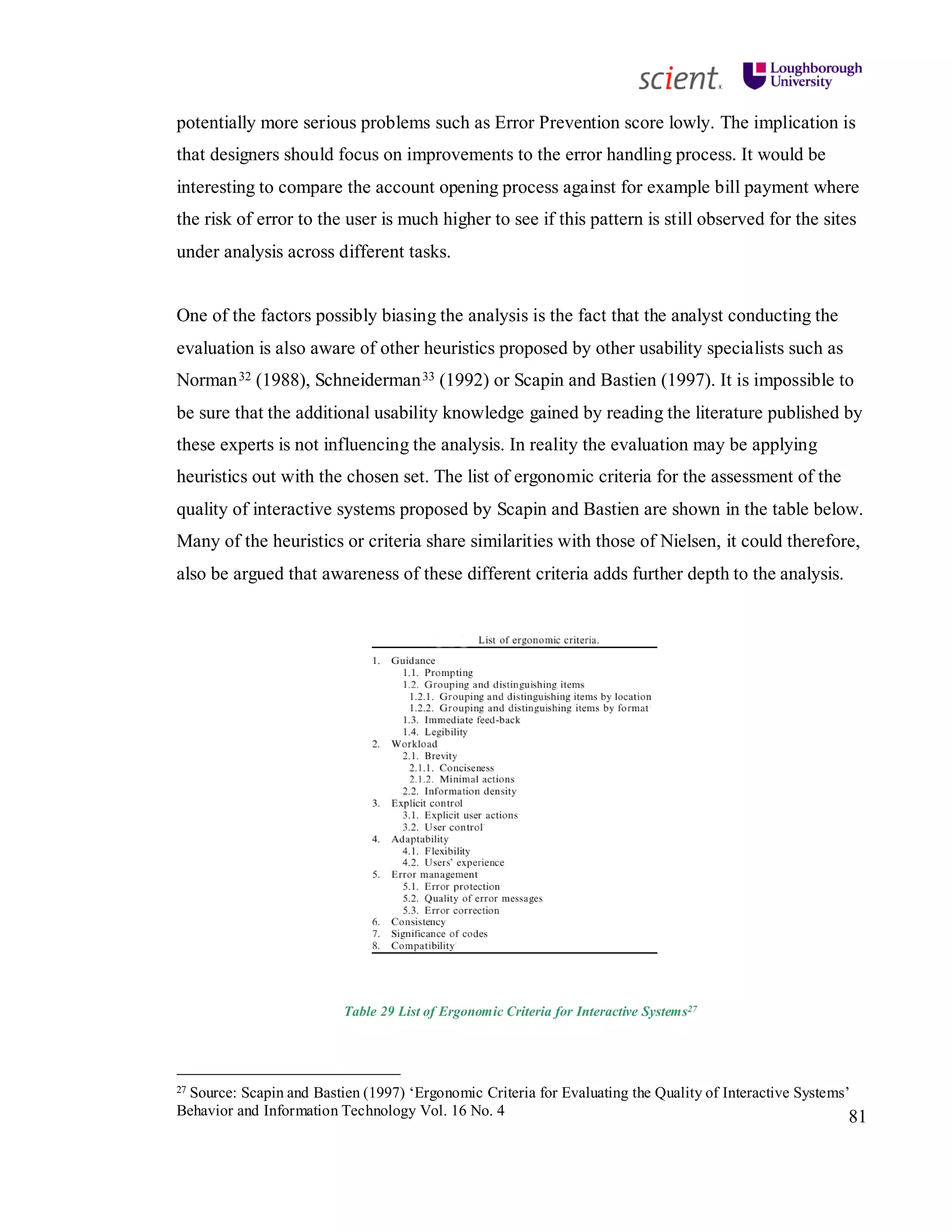 81
potentially more serious problems such as Error Prevention score lowly. The implication is
that designers should focus on improvements to the error handling process. It would be
interesting to compare the account opening process against for example bill payment where
the risk of error to the user is much higher to see if this pattern is still observed for the sites
under analysis across different tasks.
One of the factors possibly biasing the analysis is the fact that the analyst conducting the
evaluation is also aware of other heuristics proposed by other usability specialists such as
Norman32 (1988), Schneiderman33 (1992) or Scapin and Bastien (1997). It is impossible to
be sure that the additional usability knowledge gained by reading the literature published by
these experts is not influencing the analysis. In reality the evaluation may be applying
heuristics out with the chosen set. The list of ergonomic criteria for the assessment of the
quality of interactive systems proposed by Scapin and Bastien are shown in the table below.
Many of the heuristics or criteria share similarities with those of Nielsen, it could therefore,
also be argued that awareness of these different criteria adds further depth to the analysis.
Table 29 List of Ergonomic Criteria for Interactive Systems27
27 Source: Scapin and Bastien (1997) ‘Ergonomic Criteria for Evaluating the Quality of Interactive Systems’
Behavior and Information Technology Vol. 16 No. 4
 