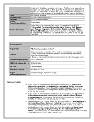 PUBLICATIONS:
 Sujoy Dutta, Dr. Laxman Sahoo and Debasis Dwibedy (2013),“Mining Full
Functional Dependency to Answer Null Queries and Reduce Imprecise
Information Based on Fuzzy Object Oriented Databases,” International
Journal of Computer Science & Engineering Technology (IJCSET),March 2013, Vol.
4, No. 03, pp. 285-293.
 Sujoy Dutta, Dr. Laxman Sahoo and Debasis Dwibedy (2013),“An Equivalence
Relation to Reduce Data Redundancy Based on Fuzzy Object Oriented
Database System,” International Journal of Soft Computing and Engineering
(IJSCE), May 2013, Volume 3, Issue 2, pp. 417-421.
 Debasis Dwibedy, Dr. Laxman Sahoo and Sujoy Dutta (2013), “A New Approach
to Object Based Fuzzy Database Modeling,” International Journal of Soft
Computing and Engineering (IJSCE), March 2013, Vol. 3, Issue 1, pp. 182-186.
 Debasis Dwibedy, Dr. Laxman Sahoo and Sujoy Dutta (2013),“A Generalized
Definition Language for Implementing the Object Based Fuzzy Class
Model,” International Journal of Advanced Research in Computer Engineering & Technology
(IJARCET), April 2013,Vol. 2, Issue 4, pp.1363-1367.
important database analysis technique. Partition and equivalence
classes are also used to find out the full functional dependency
easily and efficiently. It helps to easily identify the erroneous or
exceptional data.In that way,a data base without error is described.
Tools No tools are available.
Implementation No reail time implementation.
Database Fuzzy Data Base System
Project
Roles/Responsibilities
Project Head
Related Publication
Sujoy Dutta, Dr. Laxman Sahoo and Debasis Dwibedy (2013),
“Mining Full Functional Dependency to Answer Null Queries
and Reduce Imprecise Information Based on Fuzzy Object
Oriented Databases,” International Journal of Computer Science
& Engineering Technology (IJCSET),March 2013, Vol. 4, No. 03, pp.
285-293
B.Tech PROJECT
Project Title “Online Examination System”
concept
Responses by the candidates will be checked automatically and instantly.
-Online examination will reduce the hectic job of assessing the Answers
given by the candidates.
- Being an integrated Online Examination System it will reduce paper work.
Programming Languages J2EE, JavaScript
RDBMS/Database Server MySql, Oracle
IDE used Dreamweaver 8
Operating Systems Windows XP, Linux
Project
Roles/Responsibilities
Database Design, Application Design
 