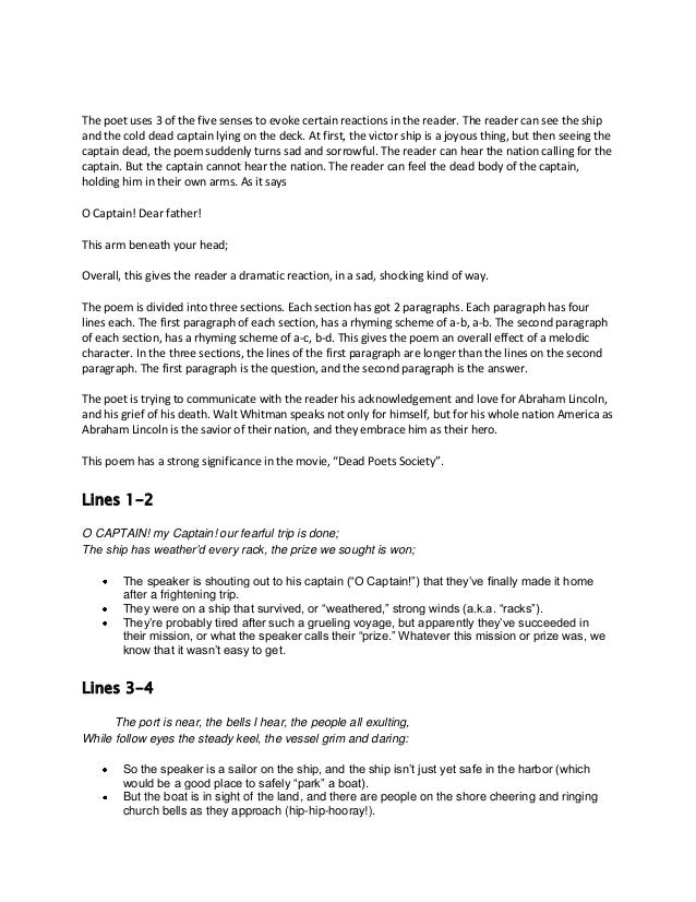 oh captain my captain essay Read this essay on o captain, my captain come browse our large digital warehouse of free sample essays get the knowledge you need in order to pass your classes and. oh captain my captain essay Read this essay on o captain, my captain come browse our large digital warehouse of free sample essays get the knowledge you need in order to pass your classes and.