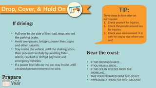 If driving:
Near the coast:
• Pull over to the side of the road, stop, and set
the parking brake.
• Avoid overpasses, bridges, power lines, signs
and other hazards.
• Stay inside the vehicle until the shaking stops,
then proceed carefully by avoiding fallen
debris, cracked or shifted payment and
emergency vehicles.
• If a power line falls on the car, stay inside until
a trained person removes the wire.
• IF THE GROUND SHAKES...
• IF YOU HEAR A SIREN...
• IF THE OCEAN RECEDES FROM THE
SHORELINE...
• TAKE YOUR PREPARED GRAB AND GO KIT,
• IMMEDIATELY - HEAD FOR HIGH GROUND!
TIP:
Three steps to take after an
earthquake:
1. Check yourself for injuries.
2. Check the people around you
for injuries.
3. Check your environment. Is it
safe for you to stay where you
are?
 