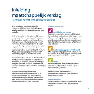1
Onze benadering van maatschappelijke
verantwoordelijkheid is een afspiegeling van
onze kernactiviteit: het samenbrengen van mens
en werk.
Sinds de oprichting van Randstad in 1960 staan
‘mens en werk’ voor ons centraal. Werk is een van
de belangrijkste aspecten in een mensenleven.
Het helpt mensen in hun ontwikkeling en geeft
voldoening. Randstad staat middenin de wereld
van werk. Elke dag weer bemiddelen onze mede­
werkers mensen naar een baan en helpen wij
organisaties met het vinden van de juiste mensen.
Wij zijn trots dat wij dagelijks meer dan 50.000
mensen toegang tot de arbeidsmarkt bieden.
Randstad Nederland richt zich op de totale arbeids­
markt. Zo leveren we diensten als uitzenden en
detacheren, re-integratie, werving & selectie pay­
rolling en mobiliteit. Daarnaast kunnen we ook
van dienst zijn op het gebied van advies, opleidingen
en tests.
Bij al deze activiteiten gaan we onze
verantwoordelijkheid in de wereld van nu en
morgen niet uit de weg. Wij willen rekening
houden met de invloed van onze activiteiten op
mens, milieu en maatschappij en ontplooien en
ondersteunen daartoe tal van initiatieven.
Onze speerpunten zijn:
ontwikkeling van mensen
Wij willen mensen laten groeien zodat zij goede
kansen hebben op de arbeidsmarkt. We geven niet
alleen zo veel mogelijk mensen toegang tot de
arbeidsmarkt, we bieden hen ook mogelijkheden
tot zelfontplooiing en zorgen voor gelijke kansen
voor iedereen.
lokale maatschappelijke betrokkenheid
Met ons grote vestigingennetwerk zetten wij ons
lokaal in om de maatschappij een helpende hand
te bieden, het liefst vanuit onze expertise.
milieu
Onze impact op het milieu maken we zo klein
mogelijk op het gebied van energie, papier,
mobiliteit en CO2
-uitstoot.
Meer informatie over andere MVO
gerelateerde onderwerpen kunt u vinden op
www.randstad.nl/mvo
bijvoorbeeld over:
Stakeholderdialoog, corporate governance, eerlijk
zakendoen, mensenrechten, veilig en gezond
werken
inleiding
maatschappelijk verslag
Randstad neemt verantwoordelijkheid
 