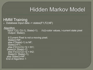 HMM Training
 Database Input data -> states(F1,F2,NF)
Algorithm
Input: C(i), C(i-1), State(i-1). //c(i)-color values, i-current state pixel
Output: State(i).
if Current Pixel is not a moving pixel;
State(i)=NF;
else if State(i-1) is NF;
State(i)=F1;
else if |C(i)-C(i-1)| < th1;
State(i)= State(i-1);
else if |C(i)-C(i-1)| < th2;
State(i)= State(i-1);
else State(i)=NF;
End of Algorithm 1
 