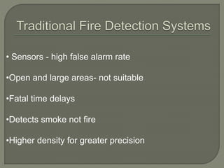 • Sensors - high false alarm rate
•Open and large areas- not suitable
•Fatal time delays
•Detects smoke not fire
•Higher density for greater precision
 