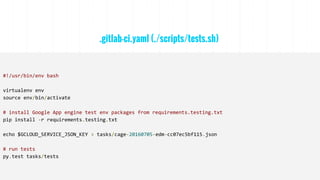 .gitlab-ci.yaml (./scripts/tests.sh)
#!/usr/bin/env bash
virtualenv env
source env/bin/activate
# install Google App engine test env packages from requirements.testing.txt
pip install -r requirements.testing.txt
echo $GCLOUD_SERVICE_JSON_KEY > tasks/cage-20160705-edm-cc07ec5bf115.json
# run tests
py.test tasks/tests
 