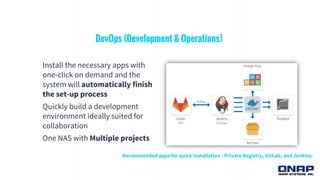 DevOps (Development & Operations)
Install the necessary apps with
one-click on demand and the
system will automatically finish
the set-up process
Quickly build a development
environment ideally suited for
collaboration
One NAS with Multiple projects
Recommended apps for quick installation : Private Registry, GitLab, and Jenkins.
 