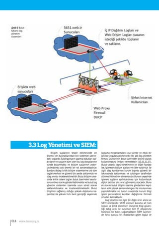 Bilişim suçlarının tespit edilmesinde en
önemli veri kaynaklarından biri sistemler üzerin-
deki loglardır.Saldırganların yapmış oldukları sal-
dırıların ve suçların tüm izleri bu log dosyalarının
içinde bulunmakta ve bilişim suçlarının aydın-
latılmasında çok önemli bir rol oynamaktadırlar.
Bundan dolayı kritik bilişim sistemlerine ait tüm
loglar merkezi ve güvenli bir yerde saklanmalı ve
olay anında incelenebilmelidir.Bulut bilişim saye-
sinde kritik sistem logları bulut üzerindeki servis-
lere online olarak gönderilebilmekte ve bulut log
yönetim sistemleri üzerinde uzun süreli olarak
saklanabilmekte ve incelenebilmektedir. Bulut
bilişimin sağlamış olduğu yüksek depolama ka-
pasitesi ile yüksek hızlı bant genişliği sayesinde
loglama mekanizmaları kısa sürede ve etkili bir
şekilde uygulanabilmektedir. Bir çok log yönetim
firması ürünlerinin bulut üzerinden online olarak
kullanılmasına imkan vermektedir [10,11,12,13].
Bulut tabanlı kayıt yönetiminin bir diğer faydası
ise, işlenecek bilişim suçları ve siber saldırılar ile
ilgili olay kayıtlarının kurum dışında güvenli bir
lokasyonda saklanması ve saldırgan tarafından
silinme ihtimalinin olmamasıdır.Bunun sayesinde
işlenen suçların aydınlatılması için kullanılacak
dijital deliller de zarar görmemiş olacaktır. Buna
ek olarak bulut bilişim üzerine gönderilen kayıt-
ların anlık olarak zaman damgası ile imzalanması
yapılabilmekte ve bunun sayesinde kurum bilgi
işlem personelinin kayıtları değiştirme ihtimali
ortadan kalmaktadır.
Log yönetimi ile ilgili bir diğer ürün ailesi ve
SIEM ürünleridir. SIEM ürünleri kuruma ait tüm
logları ve kritik sistemleri izleyerek bilgi güven-
liği bakış açısı ile kurumun tüm IT altyapısına
bütüncül bir bakış sağlamaktadır. SIEM sayesin-
de farklı sunucu ve cihazlardan gelen loglar ve
Şekil-3 Bulut
tabanlı log
yönetim
sistemleri
3.3 Log Yönetimi ve SIEM:
014 www.bimo.org.tr
 