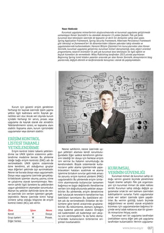 Kurum için güvenli erişim gerektiren
herhangi bir kaynak üzerinde işlem yapma
yetkisi ilgili kadrolara verilir. Kaynak ge-
nellikle veri olur. Ancak veri dışında kurum
içindeki herhangi bir servis, proses veya
uygulama da kaynak olarak ele alınabilir.
Yetkilendirmenin süresi, ve kapsama alanı
olabilir. Kapsama alanı, kurum içerisindeki
uygulamalar veya domain olabilir.
Erİşİm Kontrol
Lİstesİ Tabanlı
Yetkİlendİrme
Erişim kontrol listesi tabanlı yetkilen-
dirme ise UNIX işletim sisteminin yetki-
lendirme modeline benzer. Bu yönteme
isteğe bağlı erişim kontrolü (DAC) adı da
verilmektedir. UNIX işletim sisteminde
özne kendimiz, ait olduğumuz gruplar
veya diğerleri şeklinde üçe ayrılmaktadır.
Nesne ise burada dosya veya uygulamadır.
Dosya veya uygulama üzerinde gerçekleş-
tirilebilecek işlemler okuma, yazma, silme
ve çalıştırma olarak tanımlanmıştır. Nes-
nenin sahibi ilgili öznelere bu yetkilerden
uygun gördüklerini atamadan sorumludur.
Atanan bu yetkiler dahilinde özne de nes-
ne üzerinde izin verilen işlemleri gerçek-
leştirebilir. Nesne üzerinde kimin hangi
izinlere sahip olduğu bilgisine de erişim
kontrol listesi (ACL) adı verilir.
Özne	 İşlem	 Nesne
Kendi	 R	 Dosya
Grup üyeleri	 W	 Proses
Diğer herkes	 X
Nesne sahibinin, nesne üzerinde uy-
gun yetkileri ataması kendi sorumlulu-
ğundadır. Eğer sadece kendisinin görme-
sini istediği bir dosya için herkese erişim
izni verirse bu hatanın sorumluluğu da
kendisindedir. Büyük sistemlerde kulla-
nıcıların yetki atama işlemlerinde yapa-
bilecekleri hataları azaltmak ve atama
işlemine birtakım sınırlar getirmek amacı
ile zorunlu erişim kontrol yöntemi (MAC)
uygulanabilir. Bu yöntemde erişim izinle-
rinin atanmasında kullanıcılar tamamen
bağımsız ve özgür değillerdir.Kendilerine
verilen izin doğrultusunda yetkiler ataya-
bilirler. Bu yöntemde, erişim denetimine
tabi tutulacak nesnelerin kendilerine has
özellikleri tanımlanır. Bu özelliklere eti-
ket adı da verilmektedir. Etiketler de bö-
lümlere göre kendi aralarında gruplana-
bilirler. Bu bölümleme, domain, kategori,
veya kademe şeklinde olabilir. Örneğin
üst kademeden alt kademeye veri akışı-
na izin verilmeyebilir. Ya da farklı doma-
in’lerdeki kullanıcıların birbirlerine eri-
şimleri kısıtlanabilir.
Kurumsal
Verİnİn Güvenliği
Kurumsal mimari de kurumun sahip ol-
duğu verinin güvenli biçimde yönetilmesi
hayati öneme sahiptir. Pek çok organizas-
yon için kurumsal mimari de odak noktası
veridir. Kurumun sahip olduğu değişik uy-
gulamalar ortak bir veri katmanı üzerinden
kabiliyetlerini sunarlar. Farklı uygulamalar
ortak veri setleri üzerinde işlem yapabi-
lirler. Bu verinin gizliliği, tutarlı biçimde
değiştirilmesi ve sürekli olarak erişilebilir
kılınması için uygulamalardan bağımsız bi-
çimde veriyi odak noktasına alan bir güven-
lik mimarisine ihtiyaç vardır.
Kurumsal veri bir uygulama tarafından
üretildikten sonra diğer pek çok uygulama
tarafından kullanılabilir. Verinin uygulama-
Yazar Hakkında
Kurumsal uygulama mimarilerinin oluşturulmasında ve kurumsal uygulama geliştirmede
uzmanlaşan Kenan Sevindik’in bu alandaki deneyimi 15 yıldan fazladır. Pek çok farklı
kurumsal Java teknolojisi üzerinde de kapsamlı ve derin bir deneyime sahip olan yazar,
Spring Application Framework, Spring Security Framework, Hibernate Persistence Framework
gibi teknoloji ve framework’leri ilk dönemlerinden itibaren yakından takip etmekte ve
uygulamalarında kullanmaktadır. Harezmi Bilişim Çözümleri’nin kurucularından olan Kenan
Sevindik, kurumsal uygulama geliştirme, kurumsal mimari danışmanlığı, Java, object oriented
programlama, tasarım örüntüleri ve pek çok kurumsal Java teknolojisi ile ilgili eğitim ve
koçluk hizmetleri de vermektedir. Wiley Publishing tarafından 2015 yılında yayımlanan
Beginning Spring isimli kitabın yazarları arasında yer alan Kenan Sevindik, deneyimlerini blog
yazılarında, değişik etkinlik ve konferanslarda konuşmacı olarak da paylaşmaktadır.
017www.bimo.org.tr
 