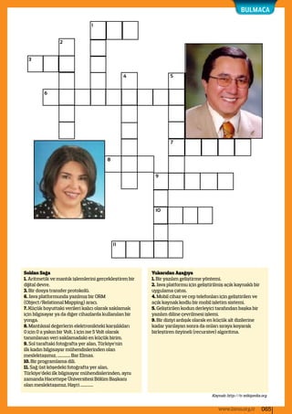 BULMACA
11
10
9
8
7
54
6
3
2
1
Soldan Sağa
1. Aritmetik ve mantık işlemlerini gerçekleştiren bir
dijital devre.
3. Bir dosya transfer protokolü.
6. Java platformunda yazılmış bir ORM		
(Object/Relational Mapping) aracı.
7. Küçük boyuttaki verileri kalıcı olarak saklamak
için bilgisayar ya da diğer cihazlarda kullanılan bir
yonga.
8. Mantıksal değerlerin elektronikteki karşılıkları
0 için 0 a yakın bir Volt, 1 için ise 5 Volt olarak
tanımlanan veri saklamadaki en küçük birim.
9. Sol taraftaki fotoğrafta yer alan, Türkiye’nin
ilk kadın bilgisayar mühendislerinden olan
meslektaşımız, ............. Bar Elmas.
10. Bir programlama dili.
11. Sağ üst köşedeki fotoğrafta yer alan,
Türkiye’deki ilk bilgisayar mühendislerinden, aynı
zamanda Hacettepe Üniversitesi Bölüm Başkanı
olan meslektaşımız, Hayri .............
Yukarıdan Aşağıya
1. Bir yazılım geliştirme yöntemi.
2. Java platformu için geliştirilmiş açık kaynaklı bir
uygulama çatısı.
4. Mobil cihaz ve cep telefonları için geliştirilen ve
açık kaynak kodlu bir mobil işletim sistemi.
5. Geliştirilen kodun derleyici tarafından başka bir
yazılım diline çevrilmesi işlemi.
9. Bir diziyi ardışık olarak en küçük alt dizilerine
kadar yarılayan sonra da onları sıraya koyarak
birleştiren özyineli (recursive) algoritma.
Kaynak: http://tr.wikipedia.org
065www.bimo.org.tr
 