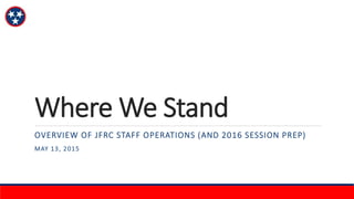 Where We Stand
OVERVIEW OF JFRC STAFF OPERATIONS (AND 2016 SESSION PREP)
MAY 13, 2015
 