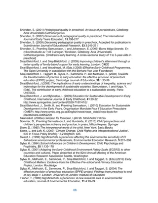68
Sheridan, S. (2001) Pedagogical quality in preschool. An issue of perspectives, Göteborg:
Acta Universitatis Gothoburgensis
Sheridan, S. (2007) Dimensions of pedagogical quality in preschool, The International
Journal of Early Years Education, 15:198-217
Sheridan, S. (2009) Discerning pedagogical quality in preschool, Accepted for publication in
Scandinavian Journal of Educational Research, 53:3:245-261
Sheridan, S., Pramling Samuelsson, I. and Johansson, E. (2009) Barns tidiga lärande. En
tvärsnittsstudie av 1 till 3-åringar I förskolan, Göteborg: Acta Universitatis
Gothenburgensis. [Children’s early learning. A cross-sectional study of 1 to 3-year-olds in
preschool]
Siraj-Blatchford, I. and Siraj-Blatchford, J. (2009) Improving children's attainment through a
better quality of family-based support for early learning, London: C4EO
Siraj-Blatchford, I. and Woodhead, M. (Eds.) (2009) Effective Early Childhood Programmes,
The Open University in association with the Bernard Van Leer Foundation
Siraj-Blatchford, I., Taggart, B., Sylva, K., Sammons, P. and Melhuish, E. (2008) Towards
the transformation of practice in early education: the effective provision of preschool
education (EPPE) project, Cambridge Journal of Education, 38:1:23-36
Siraj-Blatchford, J (2008) The implications of early understandings of inequality, science and
technology for the development of sustainable societies, Samuelsson, I. and Kaga, Y.
(Eds), The contribution of early childhood education to a sustainable society. Paris:
UNESCO.
Siraj-Blatchford, J. and Björneloo, I. (2009) Education for Sustainable Development in Early
Childhood, International Journal of Early Childhood, 41:29-22:
http://www.springerlink.com/content/0020-7187/41/2/
Siraj-Blatchford, J., Smith, K. and Pramling Samuelson, I. (2010) Education for Sustainable
Development in the Early Years, Organisation Mondiale Pour l´Education Prescolaire
(OMEP): http://www.omep.org.gu.se/English/news/news_detail//new-book-for-
practitioners.cid952209
Skolverket. (2006a) Läroplan för förskolan, Lpfö 98. Stockholm: Fritzes
Sommer, D., Pramling Samuelsson, I. and Hundeide, K. (2010) Child perspectives and
children’s perspective in theory and practice, in press, Milton Keynes: Springer
Stern, D. (1985) The interpersonal world of the child, New York: Basic Books
Stone, L. and Loft, K. (2009) ‘Climate Change, Child Rights and Intergenerational Justice’,
IDS In Focus Policy Briefing 13.2 Brighton: IDS
Sward, L. (1999) Significant life experiences affecting the environmental sensitivity of El
Salvadoran environmental professionals, Environmental Education Research, 5:201–206
Sylva, K. (1994) School Influences on Children’s Development, Child Psychology and
Psychiatry, 35:1:135-170
Sylva, K. (2001) Adapting the Early Childhood Environment Rating Scale (ECERS) to other
countries and cultures, Paper presented at the 82nd Annual Meeting of the American
Education Research Association Seattle, Washington
Sylva, K., Melhuish, E., Sammons, P., Siraj-Blatchford, I. and Taggart, B. (Eds) (2010) Early
Childhood Matters: Evidence from the Effective Pre-school and Primary Education
Project, London: Routledge
Sylva, K., Melhuish, E., Sammons, P., Siraj-Blatchford, I. and Taggart, B. (2004) The
effective provision of preschool education (EPPE) project: Findings from preschool to end
of key stage 1, London: University of London: Institute of Education
Tanner, T. (1980) Significant life experiences: A new research area in environmental
education, Journal of Environmental Education, 11:4:20–24
 