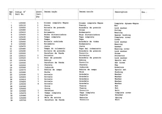 Ref. Código N° Quant. Denomi nação Denomi naciõn Description Obs.:
NÇ Part No. Cant.
Description
Qty
- 125060 1 Dinamo completo Wapsa Dinamo complete Wapsa Complete dynamo-Wapsa
1 125110 1 Porca Tuerca Nut
2 125400 1 Arruela de pressão Arandela de presión Lock washer
3 125080 1 Polia Polea Pulley
4 125410 1 Rolamento Rodamiento Bearing
5 125420 1 Bucha distanciadora Buje distanciadora Spacer bushing
6 125430 1 Tampa completa Tapa completa Complete cover
7 125440 1 Tampa Tapa Cover
8 125450 1 Arruela ondulada Arandela de traba Lock washer
9 125460 1 Rolamento Rodamiento Bearing
10 125470 1 Junta Junta Gasket
11 125480 1 Tampa do rolamento Tapa dei rodamiento Bearing cover
12 125490 7 Arruela de pressão Arandela de presión Lock washer
13 125500 Parafuso de fenda Tornillo Screw
14 125510 1 Protetor Protector Protector
15 125520 1 Anel de pressão Arandela de presión Lock washer
16 125530 Bobina Bobina Spools set
17 125540 Parafuso de fenda Tornillo Set screw
18 125550 1 Chaveta Chaveta Key
19 125560 1 Induzido Inducido Armature
20 125570 1 Bobina de campo Bobina de campo Spools set
21 125580 Bucha Buje Bushing
22 125590 1 Arruela Arandela Washer
23 125600 1 Arruela Arandela Washer
24 125610 1 Arruela Arandela Washer
25 125620 1 Arruela Arandela Washer
27 125630 4 Arruela Arandela Washer
28 126340 Porca Tuerca Nut
29 125650 Porca Tuerca Nut
30 125660 1 Parafuso Tornillo Bolt
31 125670 1 Tampa completa Tapa completa Complete cover
32 125680 2 Suporte Soporte Bracket
33 125690 2 Mola de escova Resorte Spring
34 125700 2 Parafuso de fenda Tornillo Bolt
 