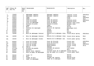 Ref. Código N9 Quant- Denominação Denominación Description Obs.:
N9 Part No. Cant.
Qty
1 154400 1 Embreagem completa Enbrague completa Complete clutch 600D/60id
la 204400 1 Embreagem completa Embrague completa Complete clutch 80id
2 604410 1 Tampa Tapa Cover 600D/60id
2a 204410 1 Tampa Tapa Cover 80id
3 604420 1 Placa de pressão Placa de presión Pressure plate 600D/60id
3a 204420 1 Placa de pressão Placa de presión Pressure plate 80id
4 604430 1 Colar de embreagem Placa de empuje Release lever plate
80id
5 604440 2 Alavanca da placa Palanca da placa Release lever
6 604450 3 Chapa Chapa Plate
7 604460 3 Mola Resorte Spring
8 604470 3 Parafuso de regulagem Tornillo de regulaje Adjustment bolt
9 604480 3 Porca Tuerca Nut
10 604490 3 Pino Pasador Pin
11 604500 3 Mola Resorte Spring
12 162990 9 Mola de embreagem (branca) Resorte de la embrague
ca)
(blan Clutch white spring 600D/60id
12a 162990 6 Mola de embreagem (branca) Resorte de la embrague (blan Clutch vhite spring 80id
12b 162300 3 Mola de embreagem (verde) Resorte de la embrague (ver Clutch green spring 80id
13 604520 1 Disco de fricção Disco de fricciõn Clutch disc 600D/60id
13a 204520 1 Disco de fricção Disco de fricciõn Clutch disc 80id
14 604530 2 Lona de fricção Revéstimiento Clutch lining 600D/60id
14a 204530 2 Lona de fricção Reves timiento Clutch lining 80 id
15 584540 40 Rebite Remache Rivet
17 JD-3109 6 Arruela de pressão Arandela de presión Lock washer
18 214600 6 Parafuso Tornillo Bolt
19 604310 1 Mancai axial completo Cojinete axial de la embrague Clutch bearing
20 204260 1 Eixo do pedal de embreagem Eje dei pedal de la embra-
OI IP
Clutch pedal shaft
21 584240 1 Arame "V" Resorte Spring
22 584230 1 Mola Resorte Spring
23 654220 1 Grampo da mola Fijador dei resorte Spring hitch
24 624270 1 Pedal da embreagem Pedal de la embrague Clutch pedal
 