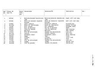Ref. Código N9 Quant. Denominação DenominaciÕn Description Obs.:
N9 Part No. Cant.
Qty
l 587350 1 Barra de elevação direita roon
tada
Barra de elevación derecha mon
tada
Right lift link assy
2 587480 1 Barra de elevação esquerda
montada
Barra de elevación izquierda
montada
Left lift link assy
3 214900 2 Garfo inferior Horquilla inferior Slinding bar
4 GG-0052 3 Niple de lubrificação Niple de lubricaciõn Grease fitting
5 157380 1 Eixo roscado Eje rosqueado Threaded shaft
6 587420 1 Eixo da manivela Eje de la manivela Shaft
7 587370 1 Caixa de redução Caja de reducción Gear housing
8 157400 1 Manivela Manivela Gear handle
9 117410 6 Pino de articulação Pasador de articulaciõn Link pin
10 JE-3101 2 Cupilha Pasador abierto Split pin
11 LA-6007 1 Rolamento axial Rodamiento axial Axial bearing
12 587430 1 Tampa Tapa Cover
13 587390 2 Cruzeta Cruceta Joint link
16 607490 1 Garfo Horquilla Fork
17 177520 2 Pino de articulação Pasador de articulaciõn Link pin
18 JE-9020 4 Grampo Grampo Spring clip
20 JE-8099 1 Pino de pressão Pasador de presión Spring pin
O
O
o
'—
Ol
c
gmmta
O.
I
mroo
 