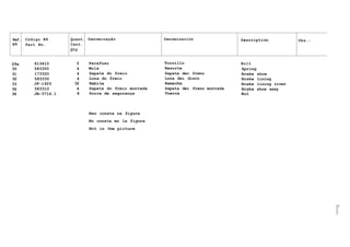 Ref. Código N9 Quant. Denominação Denominación Description Obs.:
N9 Part No. Cant.
Description
Qty
29a 613410 2 Parafuso Tornillo Bolt
30 583300 4 Mola Resorte Spring
31 173320 4 Sapata do freio Sapata dei freno Brake shoe
32 583330 4 Lona do freio Lona dei disco Brake lining
33 JF-1925 32 Rebite Remache Brake lining rivet
34 583310 4 Sapata do freio montada Sapata dei freno montada Brake shoe assy
36 JB-3716.1 8 Porca de segurança Tuerca Nut
Nao consta na figura
No consta en la figura
Not in the picture
cn
o
o
o
 