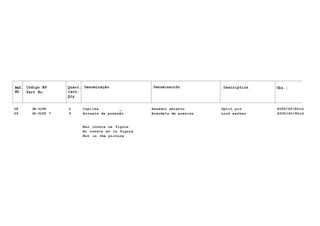 Ref. Código N9 Quant. Denominação Denominaciõn Description Obs.:
NO Part No. Cant.
Qty
28 JE-3108 2 Cupilha _ Pasador abierto Split pin 600D/60/80id
29 JD-3109 * 4 Arruela de pressão Arandela de presión Lock washer 600D/60/80id
Nao consta na figura
No consta en la figura
Not in the picture
 