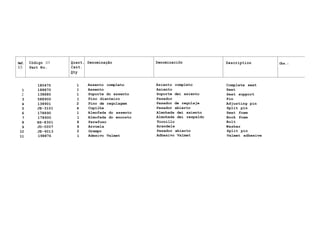 Ref. Código N9 Quant. Denominação Denominaciõn Description Obs.:
N9 Part No. Cant.
Qty
180470 1 Assento completo Asiento completo Complete seat
1 188870 l Assento Asiento Seat
2 138880 1 Suporte do assento Soporte dei asiento Seat support
3 588900 1 Pino dianteiro Pasador Pin
4 138901 2 Pino de regulagem Pasador de regulaje Adjusting pin
5 JE-3101 4 Cupilha Pasador abierto Split pin
6 178890 1 Almofada do assento Almohada dei asiento Seat foam
7 178900 1 Almofada do encosto Almohada dei respaldo Bock foam
8 HS-8301 8 Parafuso Tornillo Bolt
9 JD-0007 8 Arruela Arandela Washer
10 JE-9013 2 Grampo Pasador abierto Split pin
11 198876 1 Adesivo Valmet Adhesivo Valmet Valmet adhesive
 