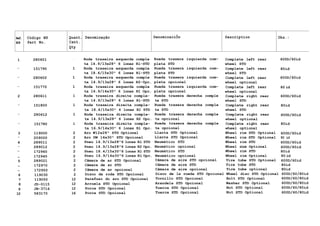 Ref. Código N9 Quant. Denominação DenominaciÕn Description Obs.:
N9 Part No. Cant.
Qty
1 280601 l
Roda traseira esquerda comple Rueda trasera izquierda com- Complete left rear 600D/60id
ta 14.9/13x28" 6 lonas Rl-STD pleta STD wheel STD
- 151790 1 Roda traseira esquerda comple Rueda trasera izquierda com- Complete left rear 80id
ta 18.4/15x30" 6 lonas Rl-STD pleta STD wheel STD
- 280602 1 Roda traseira esquerda comple Rueda trasera izquierda com- Complete left rear 600D/60id
ta 14.9/13x28" 6 lonas R2-0pc. pleta opcional wheel optional
- 151770 1 Roda traseira esquerda comple Rueda trasera izquierda com- Complete left rear 80 id
ta 16.9/14x30" 6 lonas RI Opc. pleta opcional wheel optional
2 280611 1 Roda traseira direita comple- Rueda trasera derecha comple Complete right rear 600D/60id
ta 14.9/13x28" 6 lonas Rl-STD ta STD wheel STD
- 151800 1 Roda traseira direita comple- Rueda trasera derecha comple Complete right rear 80id
ta 18.4/15x30" 6 lonas RI STD ta STD wheel STD
- 280612 1 Roda traseira direita comple- Rueda trasera derecha comple Complete right rear 600D/60id
ta 14.9/13x28" 6 lonas R2 Opc. ta opcional wheel optional
- 151780 i Roda traseira direita comple- Rueda trasera derecha comple Complete right rear 80id
ta 16.9/14x30" 6 lonas Rl Opc. ta opcional wheel optional
3 119000 2 Aro W12x28" STD Optional Llanta STD Optional Wheel rim STD Optional 600D/60id
- 209000 2 Aro DW 14x30" STD Opcional Llanta STD Opcional Wheel rim STD Optional 80 id
4 289011 2 Pneu 14.9/13x28"6 lonas Rl STD Neumático STD Wheel rim STD 600D/60id
- 289012 2 Pneu 14.9/13x28"6 lonas R2 Opc. Neumático opcional Wheel rira Optional 600D/60id
— 172960 2 Pneu 18.4/15x30"6 lonas Rl STD Neumático STD Wheel rim STD 80id
_ 172940 2 Pneu 16.9/14x30"6 lonas Rl Opc. Neumático opcional Wheel rim Optional 80 id
5 289021 2 Câmara de ar STD Opcional Câmara de aire STD opcional Tire tube STD Optional 600D/60id
_ 172970 2 Câmara de ar STD Câmara de aire STD Tire tube STD 80id
_ 172950 2 Câmara de ar opcional Câmara de aire opcional Tire tube optional 80id
6 119030 2 Disco da roda STD Opcional Disco de la rueda STD Opcional Wheel disc STD Optional 600D/60/80id
7 119050 12 Parafuso do aro STD Opcional Tornillo STD Opcional Bolt STD Optional 600D/60/80id
8 JD-0115 12 Arruela STD Opcional Arandela STD Opcional Washer STD Optional 600D/60/80id
9 JB-3716 12 Porca STD Opcional Tuerca STD Opcional Nut STD Optional 600D/60/80id
10 583170 16 Porca STD Opcional Tuerca STD Opcional Nut STD Optional 600D/60/80id
 