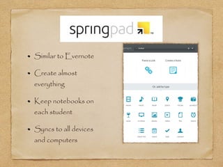 Similar to Evernote
Create almost
everything
Keep notebooks on
each student
Syncs to all devices
and computers
 