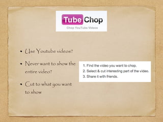 Use Youtube videos?
Never want to show the
entire video?
Cut to what you want
to show
 