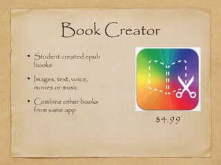 Book Creator
Student created epub
books
Images, text, voice,
movies or music
Combine other books
from same app
$4.99
 