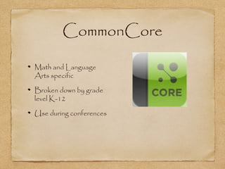 CommonCore
Math and Language
Arts specific
Broken down by grade
level K-12
Use during conferences
 