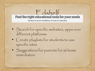 Edshelf
Search for specific websites, apps over
different platforms
Create playlists for students to use
specific sites
Suggestions for parents for at home
remediation
 