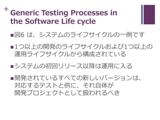 + Generic Testing Processes in
the Software Life cycle
図6 は、システムのライフサイクルの一例です
1つ以上の開発のライフサイクルおよび1つ以上の
運用ライフサイクルから構成されている...