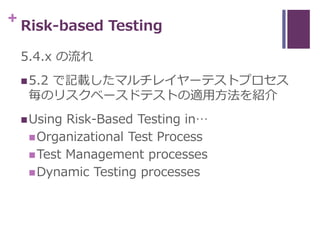 + Risk-based Testing
5.4.x の流れ
5.2 で記載したマルチレイヤーテストプロセス
毎のリスクベースドテストの適用方法を紹介
Using Risk-Based Testing in…
Organizational...
