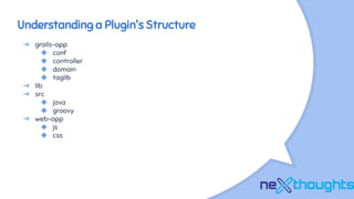 Understanding a Plugin's Structure
➔ grails-app
◆ conf
◆ controller
◆ domain
◆ taglib
➔ lib
➔ src
◆ java
◆ groovy
➔ web-app
◆ js
◆ css
 