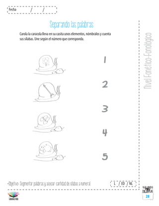 NivelFonético-Fonológico
Fecha
L ED NL
28
Separando las palabras
1
2
3
4
5
Carola la caracola lleva en su casita unos elementos, nómbralos y cuenta
sus sílabas. Une según el número que corresponda.
*Objetivo: Segmentar palabras y asociar cantidad de sílabas a numeral.
 