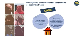 Nos aspectos comportamentais destacam-se
os seguintes traços:
Eles não querem
morar com os filhos,
prezam sua liberdade
e arbítrio.
Maior renda =
cogitam comprar
ou alugar apartamentos
no mesmo prédio dos
filhos como alternativa
para quando ficarem
mais velhos.
 