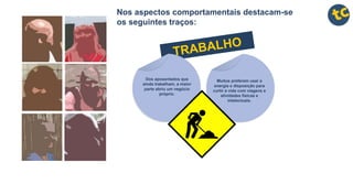 Nos aspectos comportamentais destacam-se
os seguintes traços:
Dos aposentados que
ainda trabalham, a maior
parte abriu um negócio
próprio.
Muitos preferem usar a
energia e disposição para
curtir a vida com viagens e
atividades físicas e
intelectuais.
 
